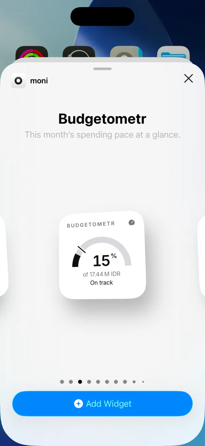 The widget gallery on moni’s Budgetometr: 15% of 17.44 million rupiahs, on track