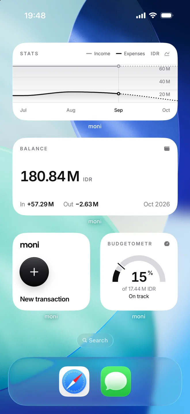 A Home Screen with moni’s Stats, Balance, New transaction and Budgetometr widgets