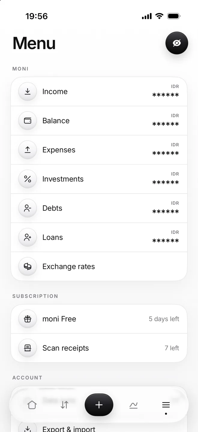 Menu with the amounts of Income, Balance, Expenses, Investments, Debts and Loans hidden