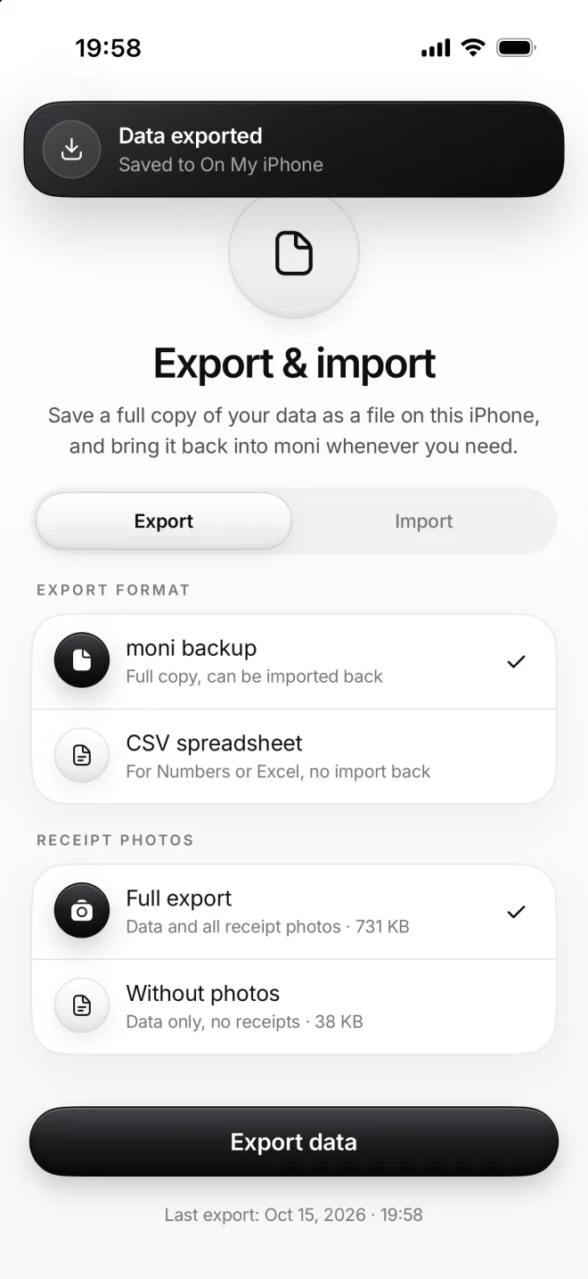 The banner Data exported, saved to On My iPhone, and Last export: Oct 15, 2026