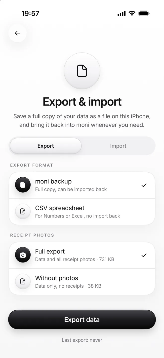 Export & import: moni backup and Full export selected, 731 KB with photos, 38 KB without