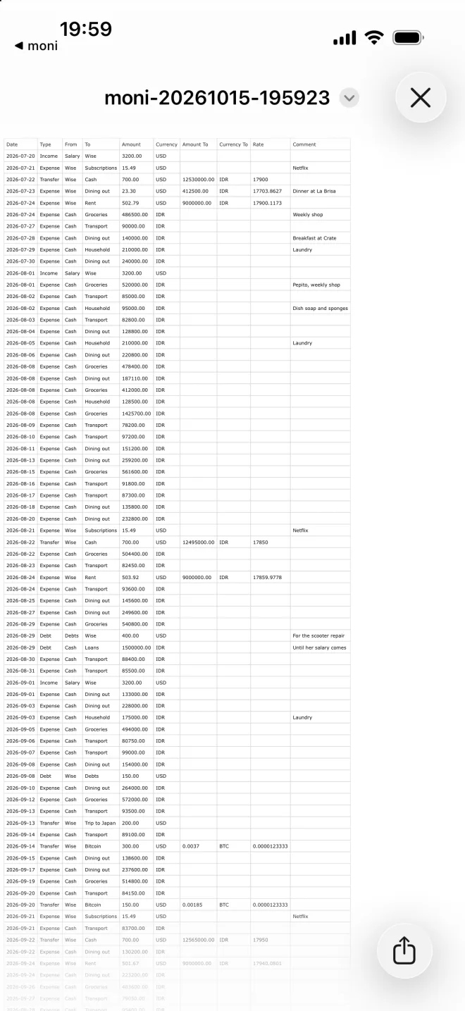 The CSV file open in Files: transactions from July 20, 2026, with dates, types, amounts, rates and comments