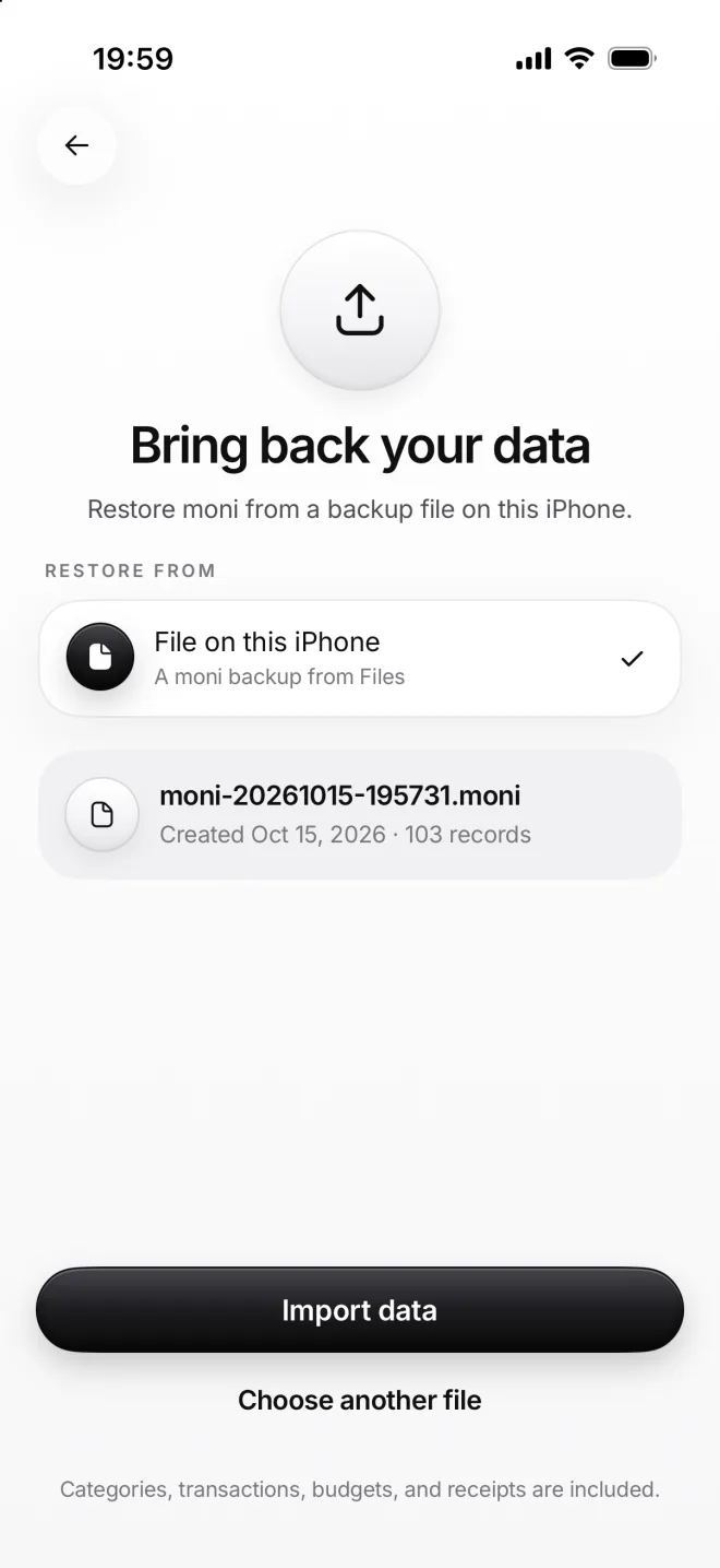 Bring back your data: moni-20261015-195731.moni, created Oct 15, 2026, 103 records