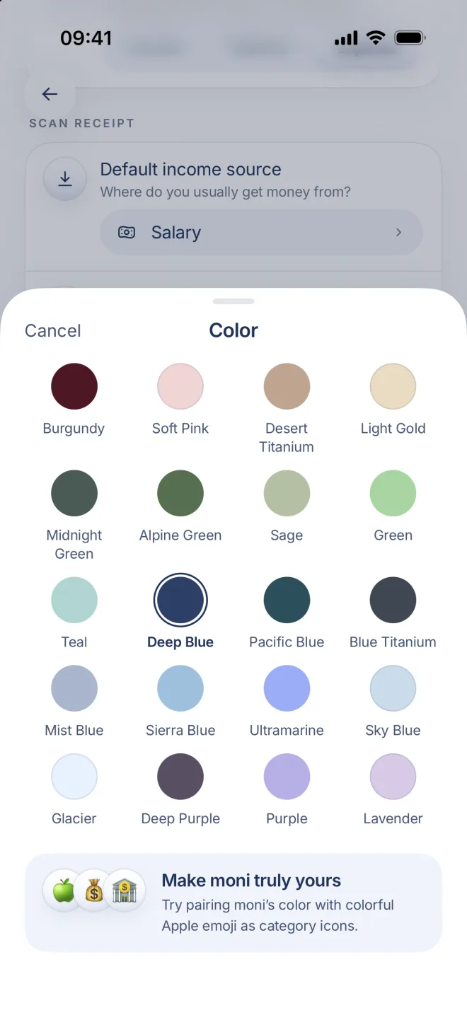 The Color sheet with 20 colors, Deep Blue selected