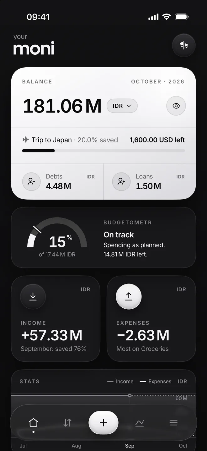 Home in the dark theme with a light Balance card