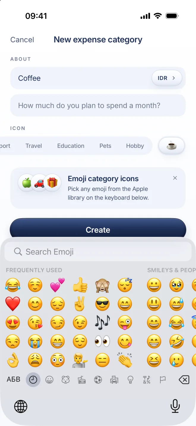 New expense category Coffee with the coffee emoji picked on the emoji keyboard