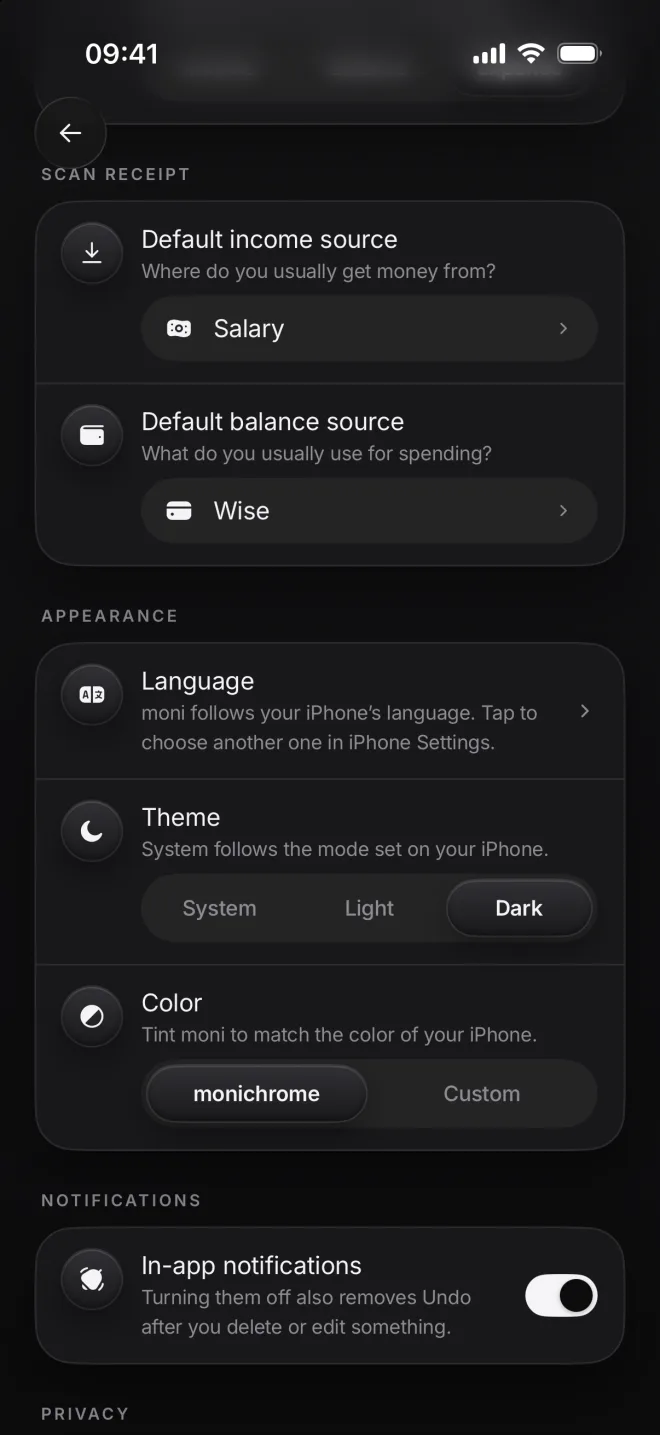 Settings in dark: Appearance with Language, Theme set to Dark and Color on monichrome