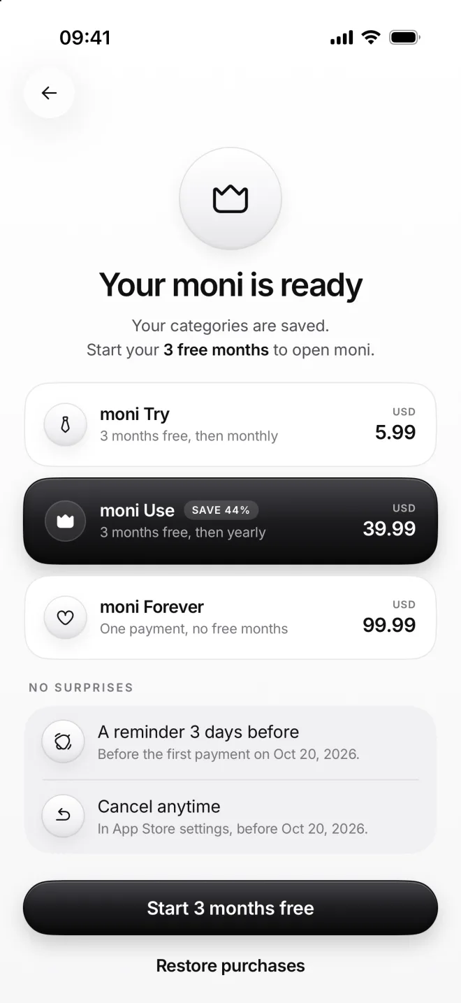 Your moni is ready: your categories are saved, the three plans with moni Use picked, and Start 3 months free