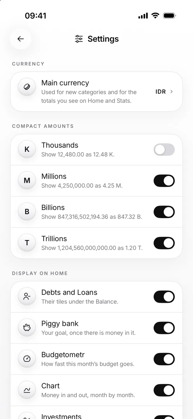 Settings: Main currency IDR, then Compact amounts with Thousands off and Millions, Billions and Trillions on