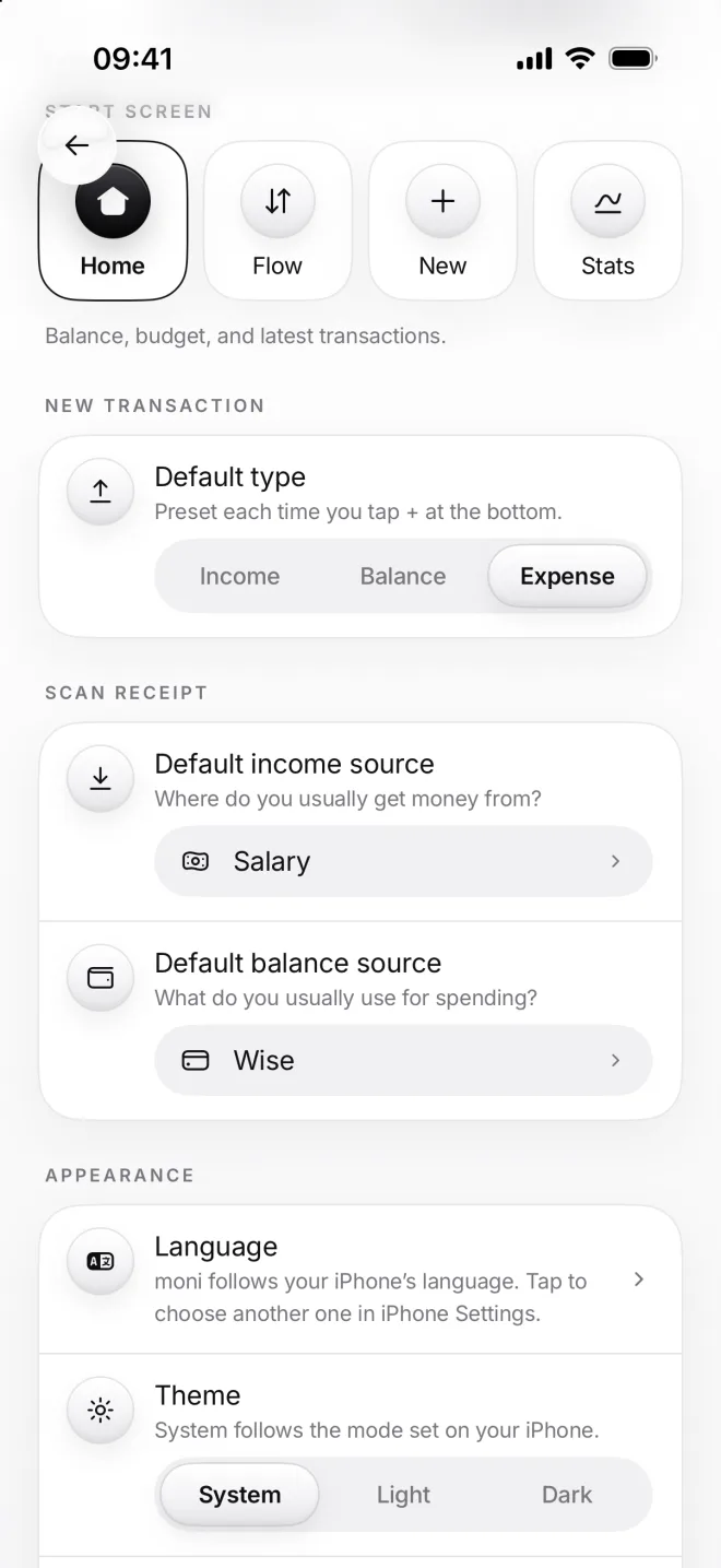 Scan receipt with Salary and Wise as default sources, then Appearance: Language and Theme