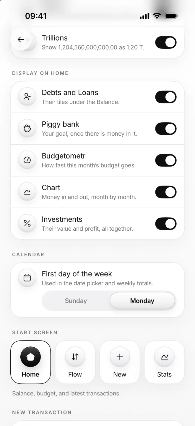 Display on Home: Debts and Loans, Piggy bank, Budgetometr, Chart and Investments, all on