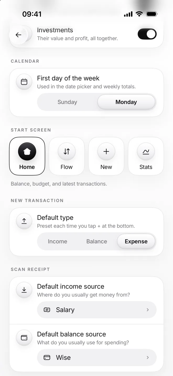 First day of the week Monday, Start screen Home, Default type Expense