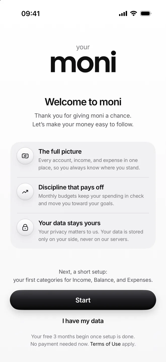 moni’s welcome screen: three things moni does for you, the Start button and I have my data