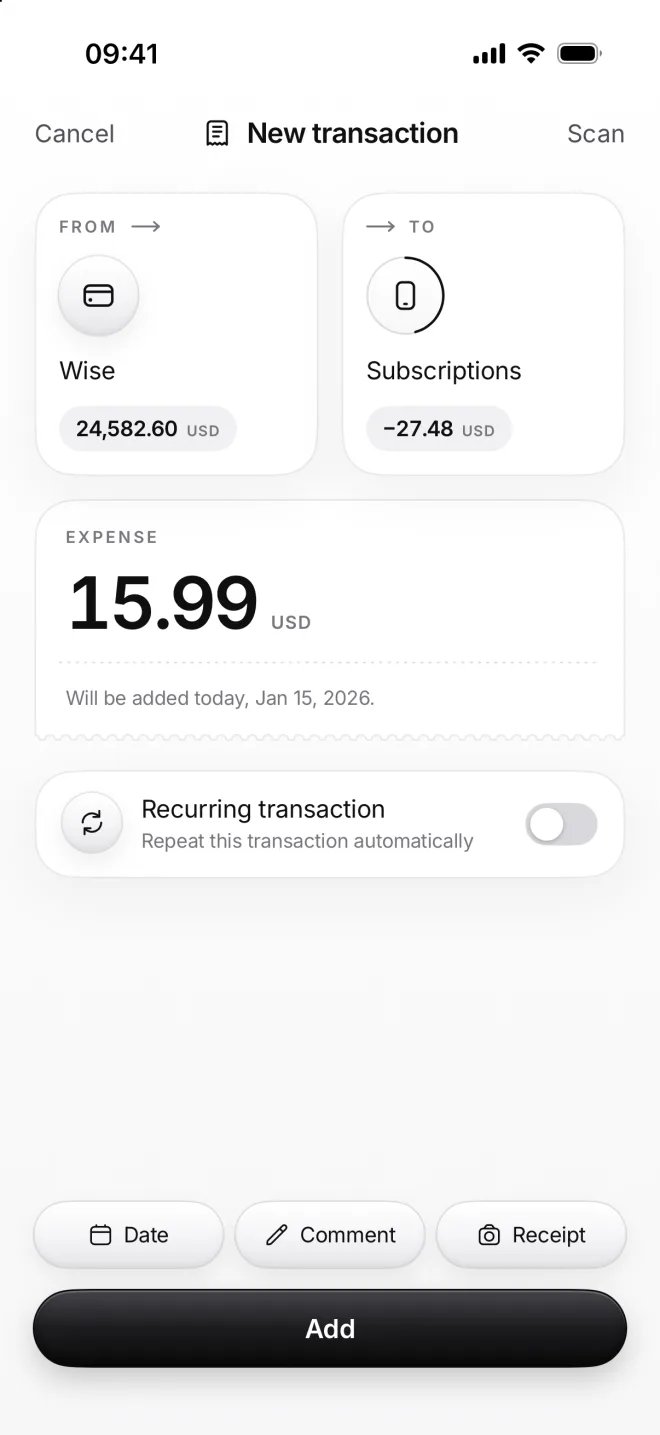 New transaction: from Wise to Subscriptions, 15.99 USD, and Add
